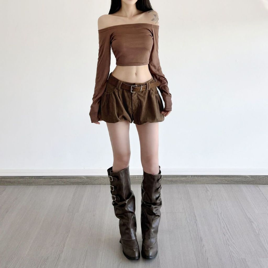 สไตล์อเมริกันย้อนยุคเอวต่ําปุ่มสีน้ําตาล Bud กางเกงขาสั้นผู้หญิง Street All-Match กางเกงลําลองหลวม - รูปที่ 4