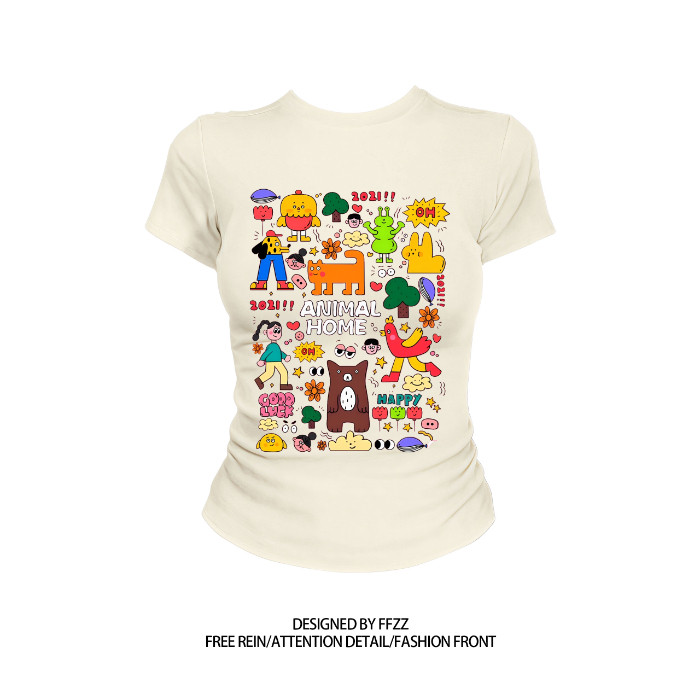 COD [40 ชิ้น + ผ้าฝ้าย 92% + 8% Spandex] รอบคอแขนสั้นพิมพ์เสื้อยืดผู้หญิง Slim-fit ฤดูร้อนสไตล์ใหม่ห