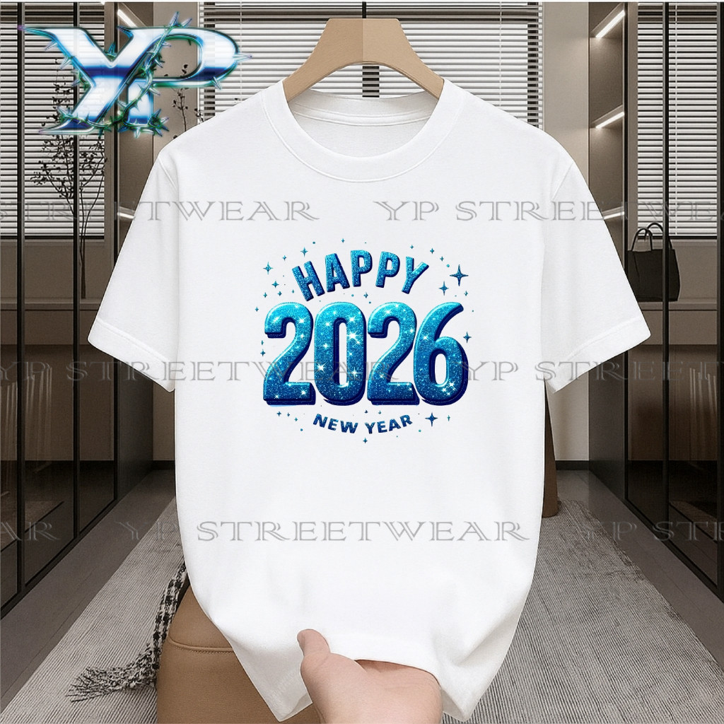 KEMEJA 24h จัดส่ง 2026 happy เสื้อยืดปีใหม่แมทช์ง่ายเสื้อเชิ้ตสั้นคุณภาพสูงเสื้อยืด unisex