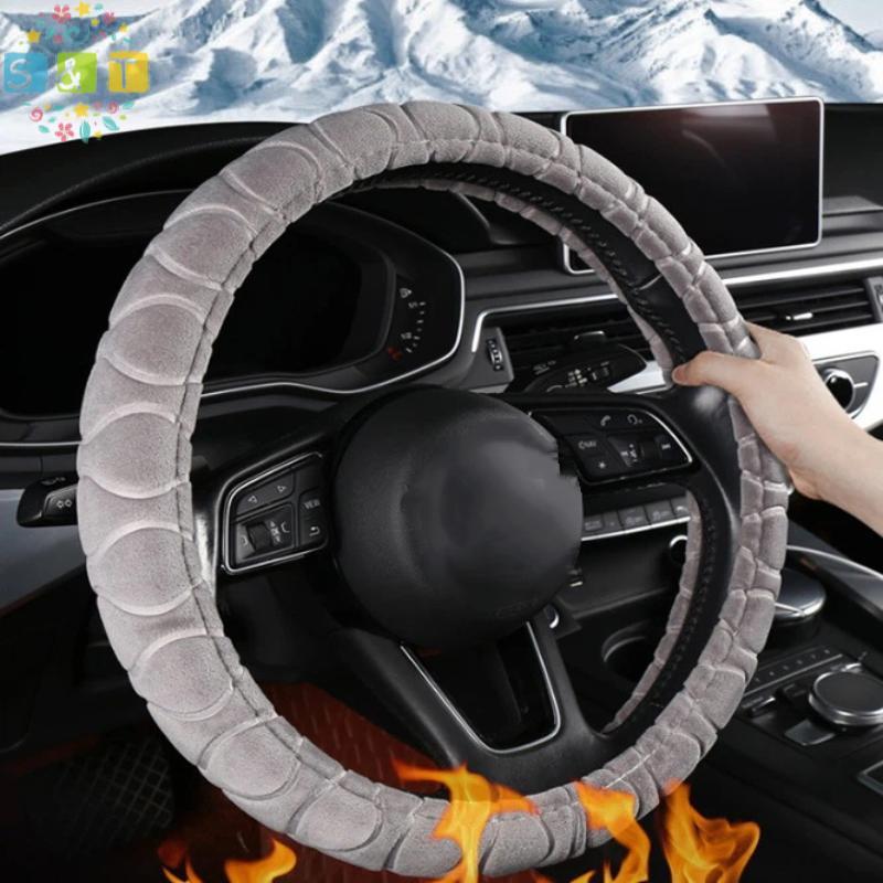 [S&T] 38 ซม.นุ่มฤดูหนาว Warm Plush พวงมาลัยรถ Universal พวงมาลัยสําหรับอุปกรณ์ตกแต่งภายในรถยนต์ {th}