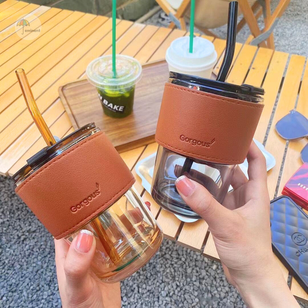 แก้วใส่น้ำ แก้วกาแฟ 420ml ใส่ได้ทั้งร้อน-เย็น พร้อมหลอดแก้วและปลอกกันร้อน มีฝาปิดและจุกปิด แก้วมินิมอล แก้วคาเฟ่