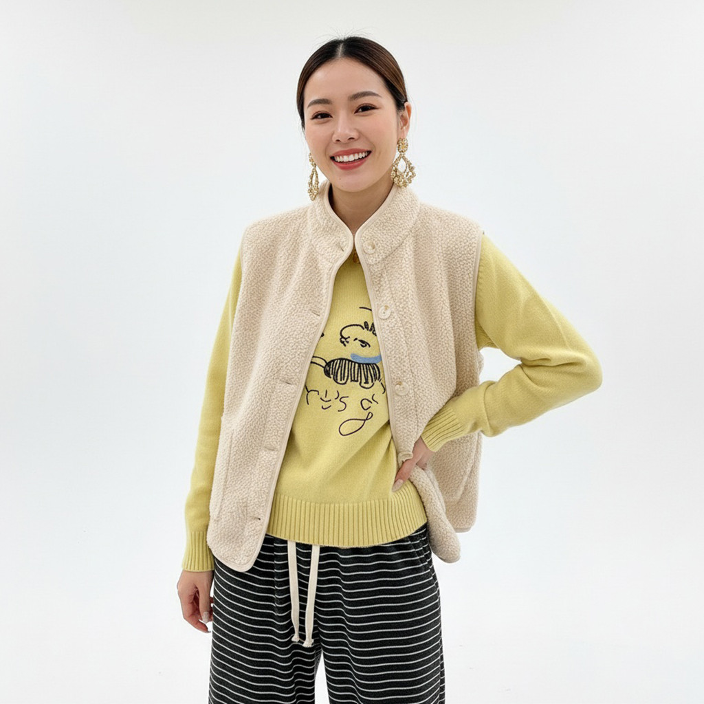 Beverlay Off Days Early Winter Prelude จําลอง Lamb Wool Granular ขนแกะเสื้อกั๊กแจ็คเก็ต Layered
