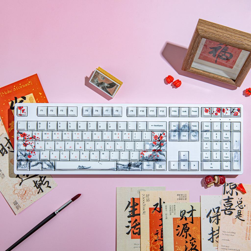 MATHEW KC108 พลัมบลอสซั่มเกาหลีไร้สายสามโหมดคีย์บอร์ดแบบมีสาย/บลูทูธ/2.4G การเชื่อมต่อ Full Key Hot 