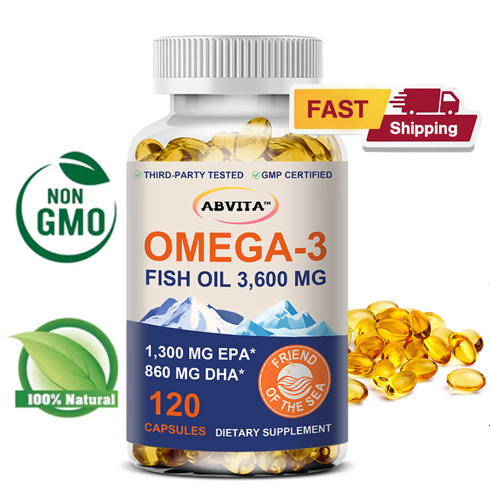 Exp: 24 เดือน Abvita Fish Oil OMEGA-3 น้ํามันปลา 3600mg 120 Softgels, EPA และ DHA, สนับสนุนสมอง,กระดูกและสุขภาพหัวใจ