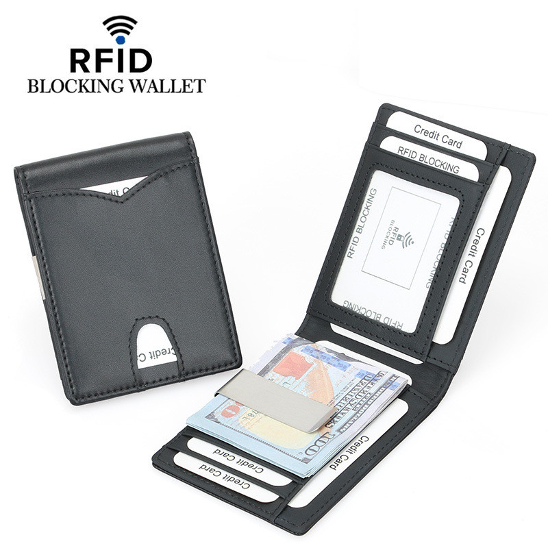 Creative Mens ของแท้หนัง Dollar Clip RFID Anti-theft Swip Multi-card ID เปิดกระเป๋าสตางค์ bb12.16