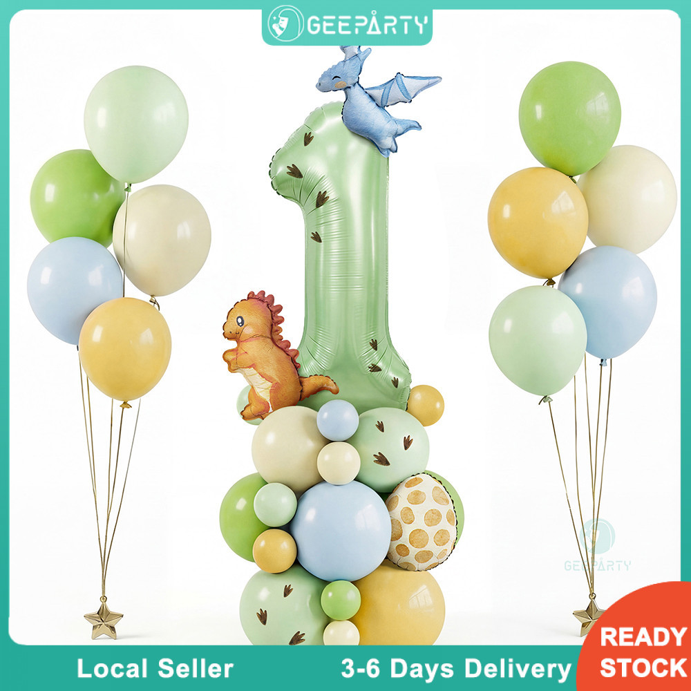 GeeParty ลูกโป่งฟอยล์ไข่ไดโนเสาร์ทีเร็กซ์น่ารัก 42 ชิ้น ลูกโป่งตัวเลขสีเขียวมะกอก สำหรับงานเลี้ยงวันเกิด