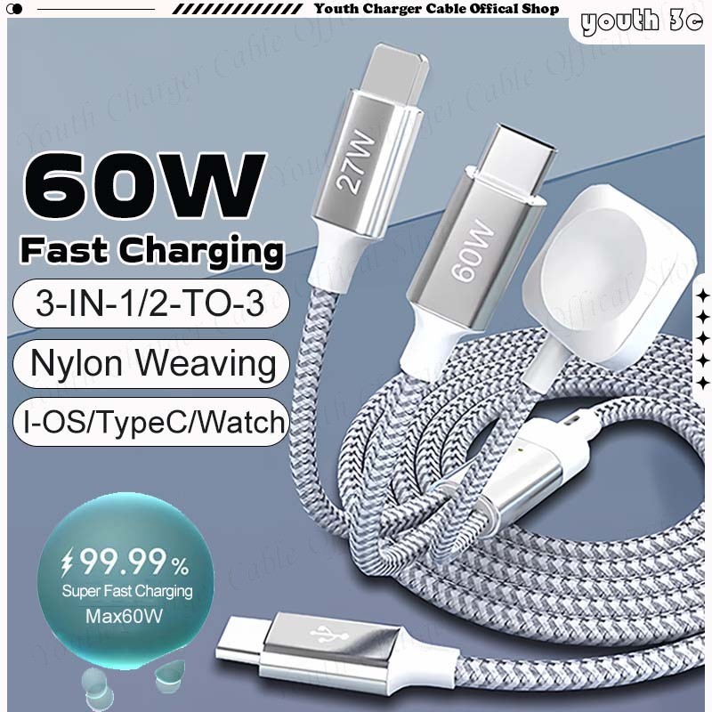 3-IN-1/2-TO-3 USB/USB-C โทรศัพท์สายชาร์จข้อมูล 60W Fast Charging สายถัก Smartwatch แม่เหล็กชาร์จไร้ส