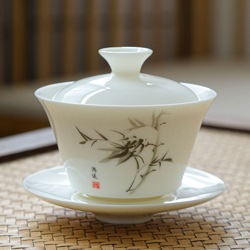 Suet หยก Simple Sancai Gaiwan ชาชาม Kung Fu ชุดชาในครัวเรือนชาชามถ้วยชาร้านน้ําชาชา Maker B7YB