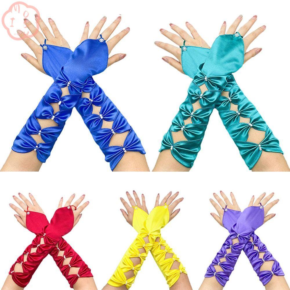 MIOSHOP ถุงมือข้อศอก Wedding Elastic Pleated Bowknot Satin