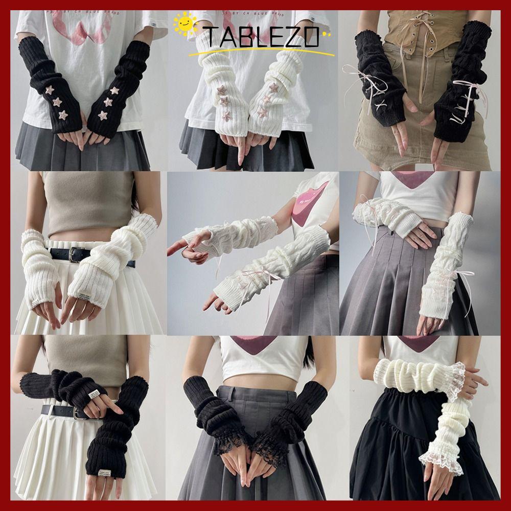 ปลาค็อดถุงมือถัก TABLEZO, แขนอุ่นสีดําสีขาวถุงมือข้อมือยาว, Cool ไม่มีนิ้ว เท็จแขนนิ้วปกถุงมือครึ่งนิ้วสําหรับ Y2k เครื่องเทศสาว