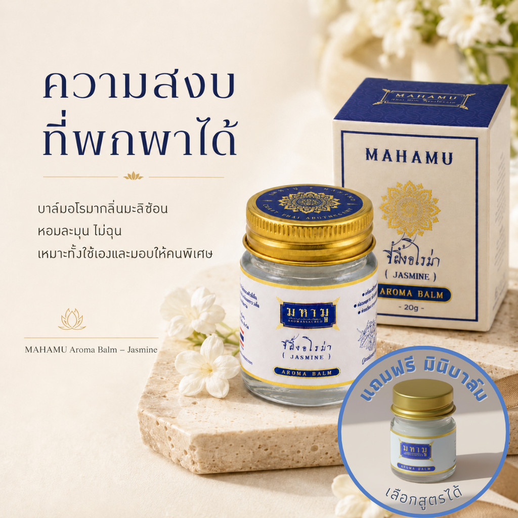 [🛌 หลับลึก ผ่อนคลาย 💤 ] MAHAMU  ขี้ผึ้งอโรม่า กลิ่นมะลิซ้อน หอมละมุน ผู้ดี  เบลนด์กับอะไรก็หอม ของฝากไทย ของขวัญพรีเมียม
