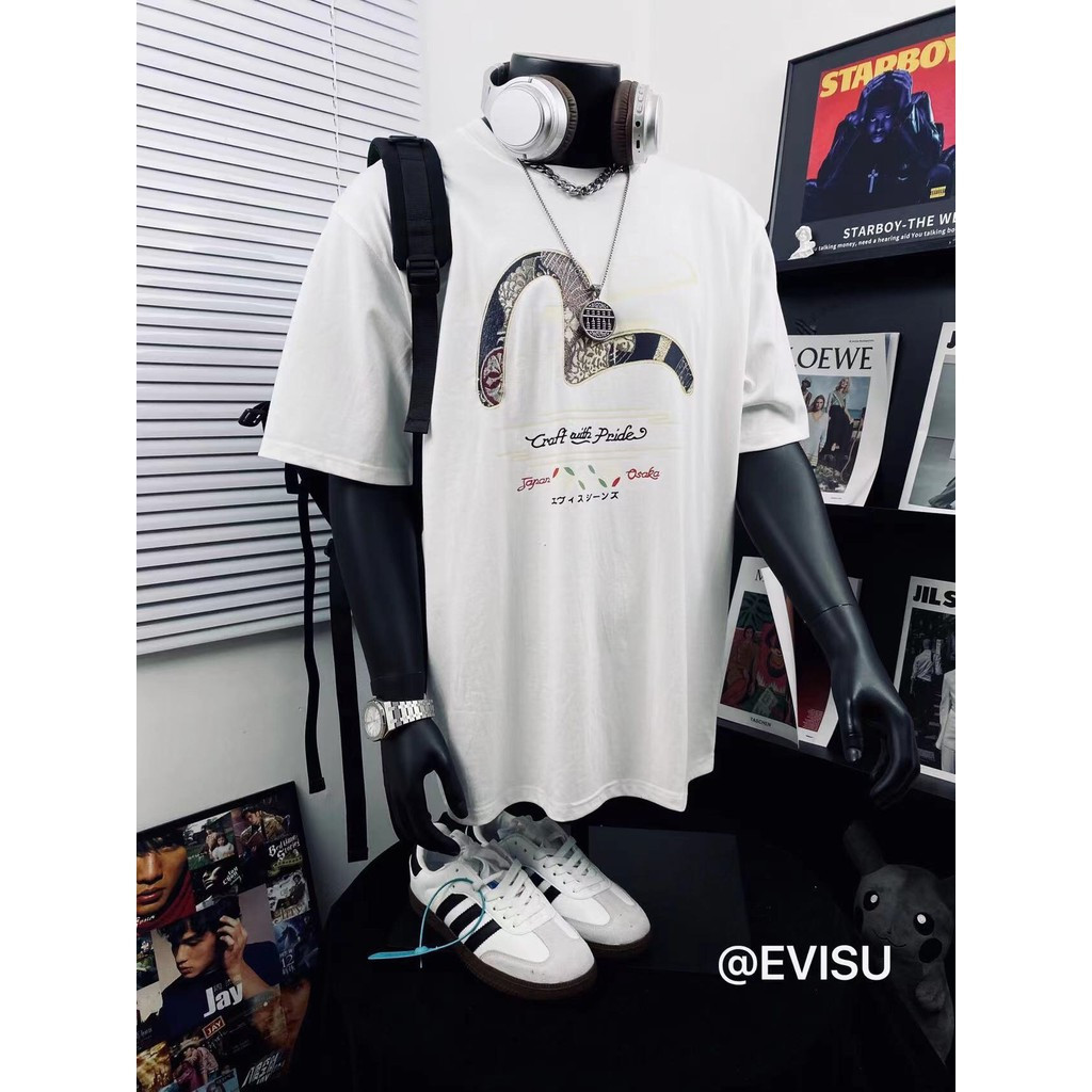 EVISU/God of Fortune 2026 เสื้อยืดแขนสั้นคอกลมคู่สไตล์ผู้ชายพิมพ์เสื้อยืดหลวมขนาดใหญ่รอบคอ High-End 