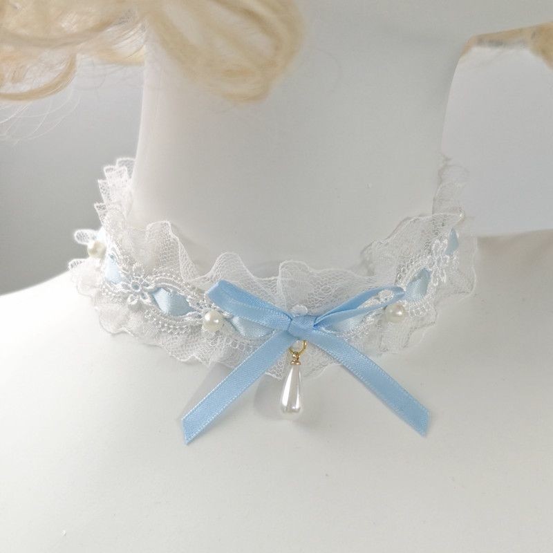 สร้อยคอกระดูกไหปลาร้าสีน้ําตาลสีน้ําตาลโซ่กระดูกไหปลาร้า DIY Blue Princess Lolita Lace Choker สร้อยค