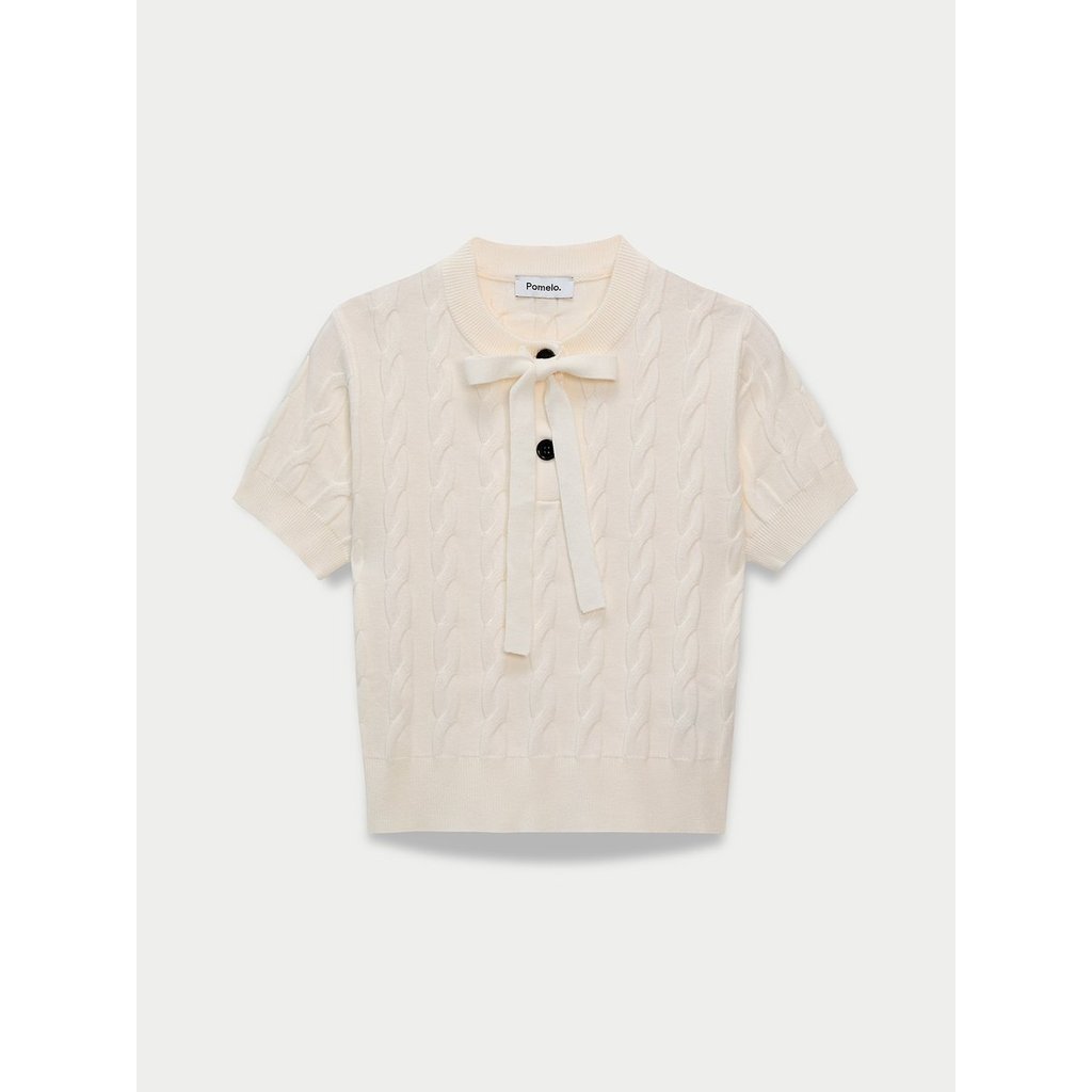 [Pomelo] เสื้อถักลายริ้วดีเทลโบว์ / Knitted Top with Bow Detail