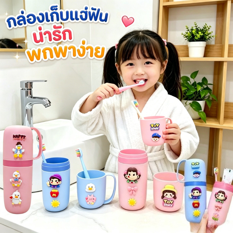 COD แก้วน้ำดื่มคู่แปรงฟันเด็ก ชุดแก้ว+แปรงฟันลายการ์ตูนน่ารัก พกง่าย เหมาะเด็กอนุบาล นักเรียนประถม
