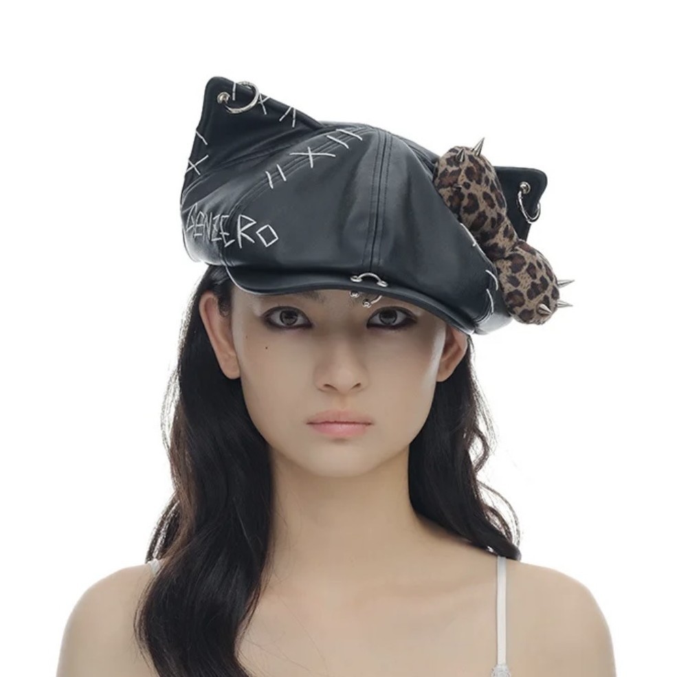 หมวกอุ่น หมวกมีหู Black Kitty Punk Dark Heavy Industry Cat Ears Belle Hat Bow Rivet Cowboy Wash Hat