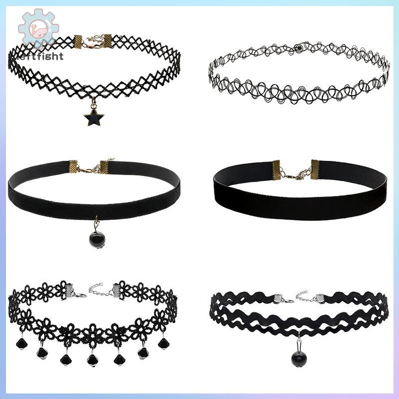 ชุดสร้อยคอมากมาย 6 ชิ้น สำหรับผู้หญิง สีดำ ลูกไม้ สไตล์สาว พร้อมจี้ GHT