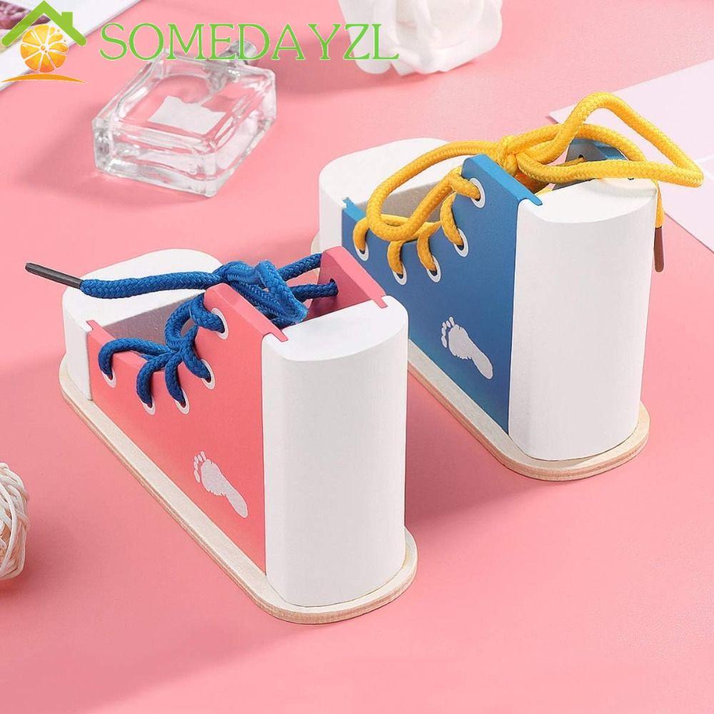 SOMEDAYZL ของเล่นไม้เชือกผูกรองเท้า Montessori Tie-Up รองเท้าปริศนา Lacing รองเท้าผ้าใบ ฝึกสวมเชือกผูกรองเท้า Early Learning