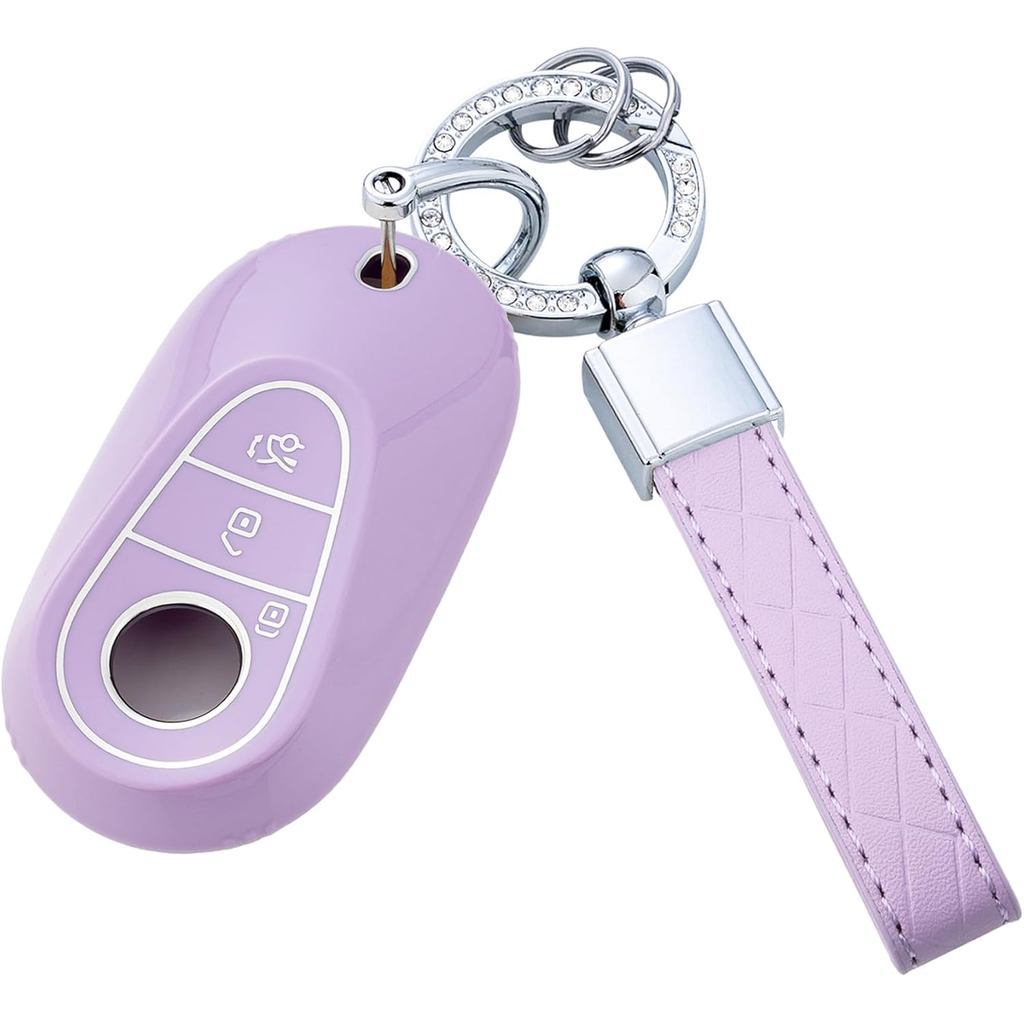 Key Fob Cover พร้อมพวงกุญแจสําหรับ Benz CS GLC EQE EQS 300 350 450 500 560 580 AMG (สีม่วง)