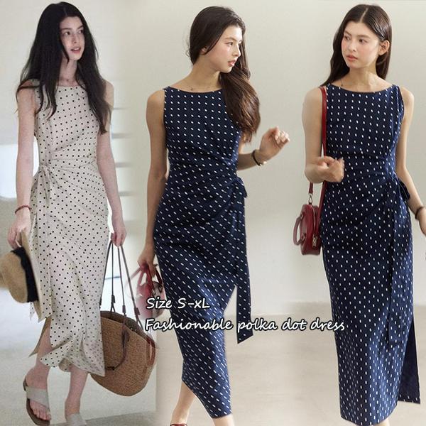 mimi&didi#ชุดเดรสยาวลายจุดสีฟ้าแขนกุด สไตล์เสื้อกั๊กผ่าข้าง ดีไซน์คอกลม ผูกโบว์ข้างเอวและดีไซน์รัดเอวสำหรับผู้หญิง#99292