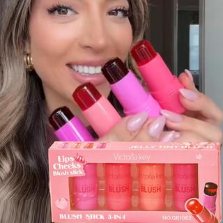 4 in 1 Jelly Cheek Blush Tint Set Transparent Blusher Facial Contour Rouge Lip Stick Long Lasting