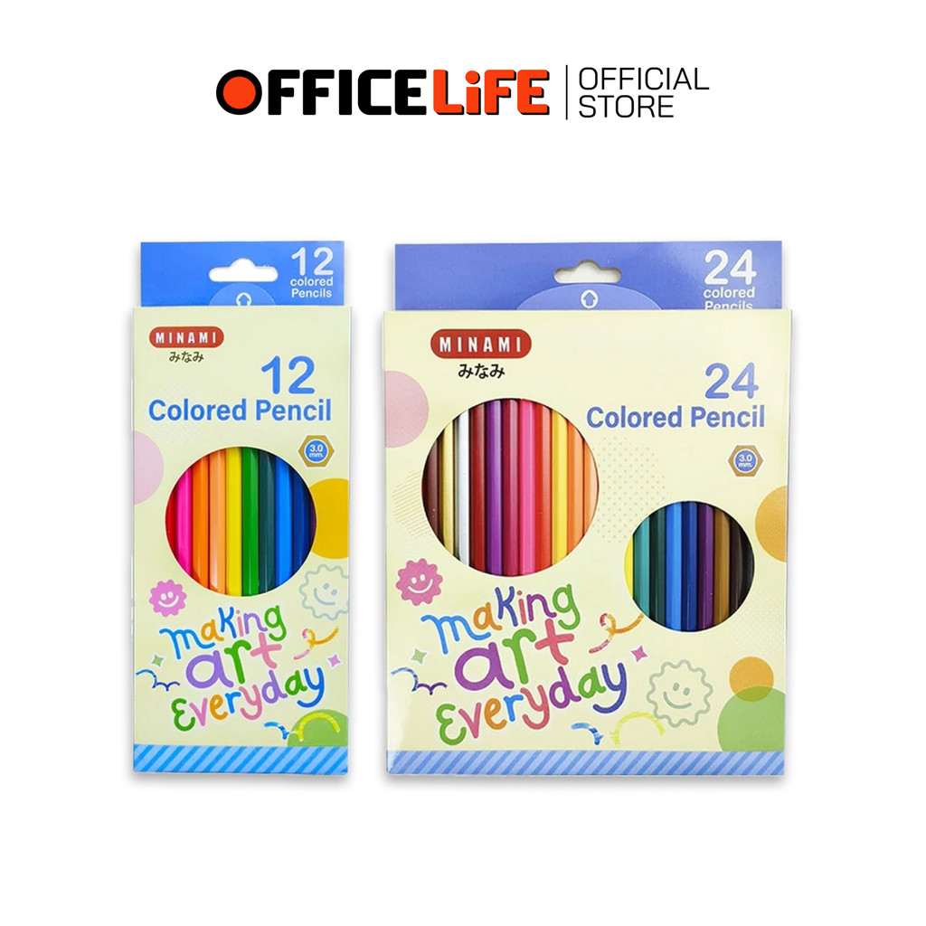 MINAMI (มินามิ) ดินสอสี สีไม้ยาว แบบ 12 / 24 สี แท่งเหลี่ยม กล่องกระดาษ ( 1 กล่อง )