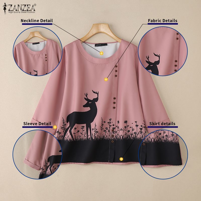 ZANZEA ซานเซีย สไตล์เกาหลีฤดูใบไม้ร่วง แขนยาว คอกลม พิมพ์ลายกวาง มีปุ่มตกแต่ง — صورة 7