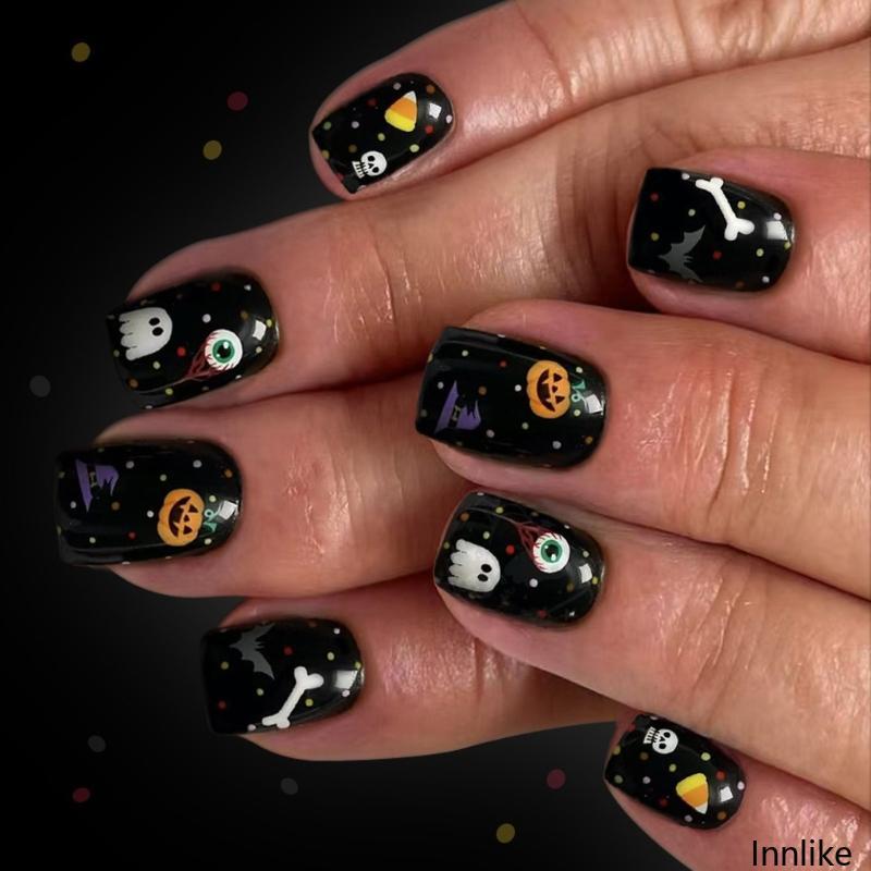 INN 24 ชิ้นกดบนเล็บฮาโลวีน Gothic Nail Art การออกแบบฟักทองสีดําสําหรับผู้หญิง Party
