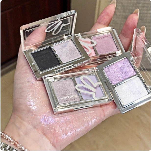 Cold Sensation Aesthetics ~ HYNTOOR กระต่ายสีดํา Cooling อายแชโดว์สองสี Palette Matte Pearlescent Strobe เงินสีม่วงความอิ่มตัวต่ํา