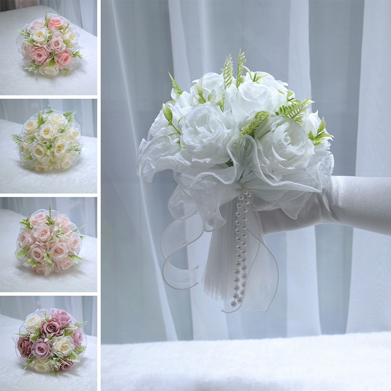 1 ชิ้นดอกไม้ประดิษฐ์เจ้าสาวมือถือดอกไม้ Marrige อุปกรณ์เสริมช่อดอกไม้กุหลาบพร้อมไข่มุก