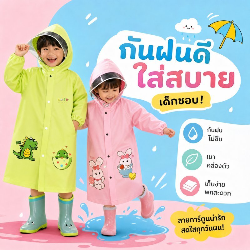 ชุดกันฝนเด็ก เสื้อกันฝนเด็ก กันน้ำ ระบายอากาศ ลายการ์ตูน แถบสะท้อนแสง ช่องสะพายกระเป๋า