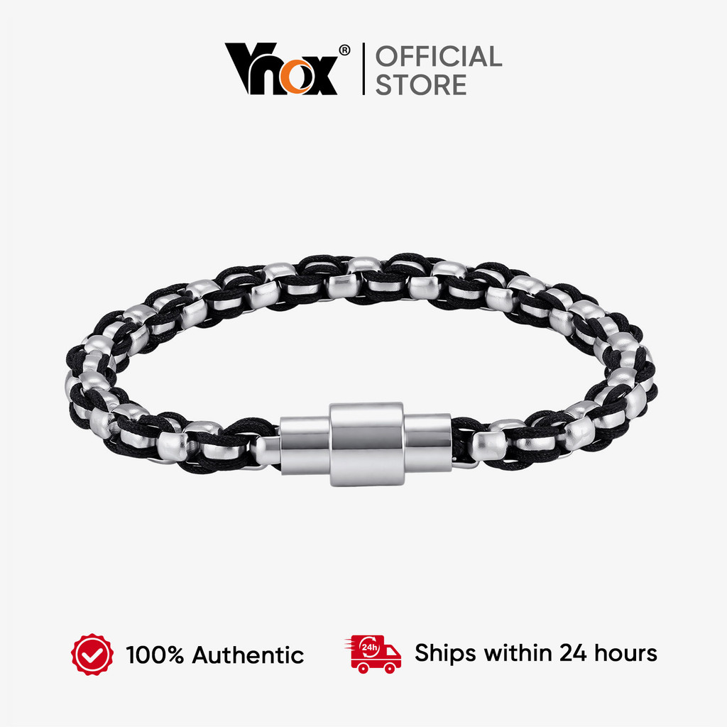 VNOX วีน็อกซ์ สร้อยข้อมือไนลอนถักสีดํา แม่เหล็กสแตนเลส สําหรับผู้ชายและเด็ก ใส่สบายทุกวัน