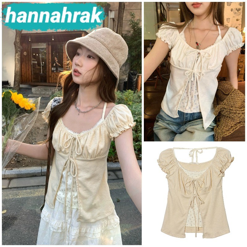 (ส่งจากกรุงเทพฯ)เสื้อยืดแขนสั้นคอวี ปลอม 2 ชิ้น ผูกโปว์น่ารัก เสื้อครอปทรงเข้ารูป สไตล์เกาหลีเรียบๆ