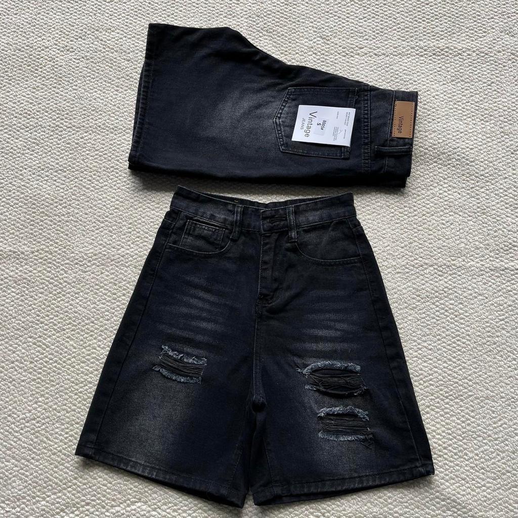 กางเกงยีนส์3ส่วน สีดำแต่งสะกิดขาด เอวสูงทรงสวย ผ้าไม่ยืด ป้ายvintage #8005
