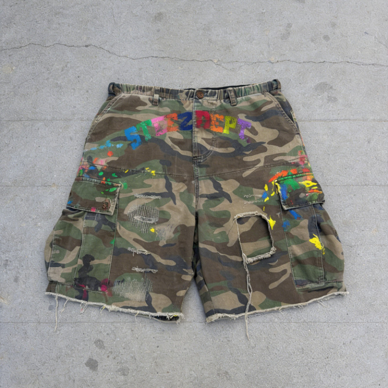 Y2K กางเกงขาสั้นคาร์โก้สี Splatter ลายพรางใหม่อินเทรนด์ Retro Hip Hop Streetwear Unisex Baggy Short Pants