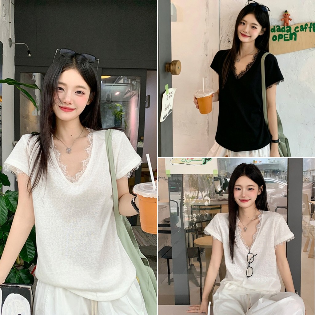 Bella Shop เสื้อยืดผู้หญิงแขนสั้นฤดูร้อน เสื้อยืดแฟชั่นคอวี หลวม ดีไซน์ขอบลูกไม้ สไตล์แคชชวลแบบเกาหลี