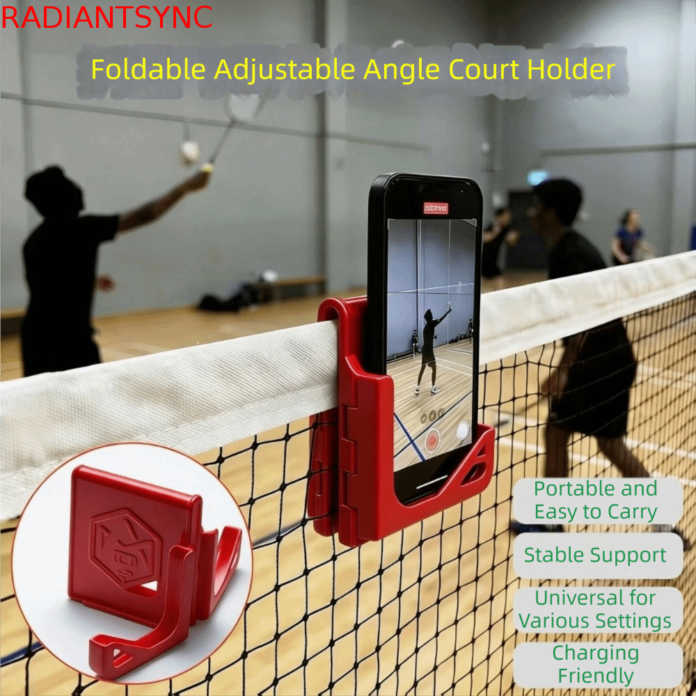 RADIANTSYNC ที่วางโทรศัพท์แบบติดตาข่ายเทนนิสแบบพับได้ไม่ลื่น, อุปกรณ์เสริมกีฬาปรับมุม Clip-On แบบพกพาปลอดภัย Clip-On Mount แบดมินตัน