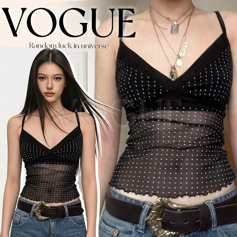 Vogue🌟พร้อมส่ง🌟 เสื้อสายเดี่ยวคอวีซีทรู ดีไซน์ติดคริสตัล เข้ารูปใส่ไปปาตี้  (FY5143)