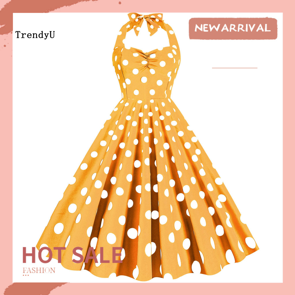 TRD ชุดราตรียอดนิยมวินเทจสำหรับฤดูร้อน ชุดผู้หญิง A-line Big Swing Halter คอยืดหยุ่นหน้าอกเอวสูง ควา