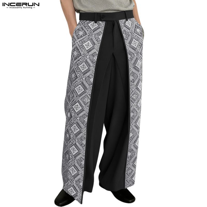 ไม่แน่นอน ผู้ชายเกาหลีวินเทจสไตล์ชาติพันธุ์ปุ่มด้านหน้าชั้นออกแบบเรขาคณิตพิมพ์กางเกงขากว้าง