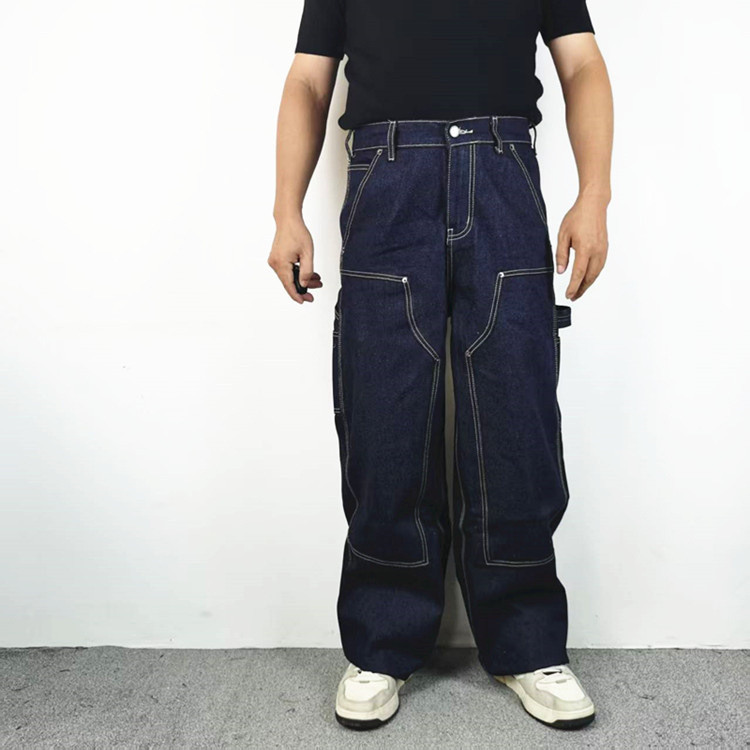 Retro Heavy Stiff Profile Straight Raw Cow Classic Casual Pants Dark Blue Raw Pulp Denim Casual Jean