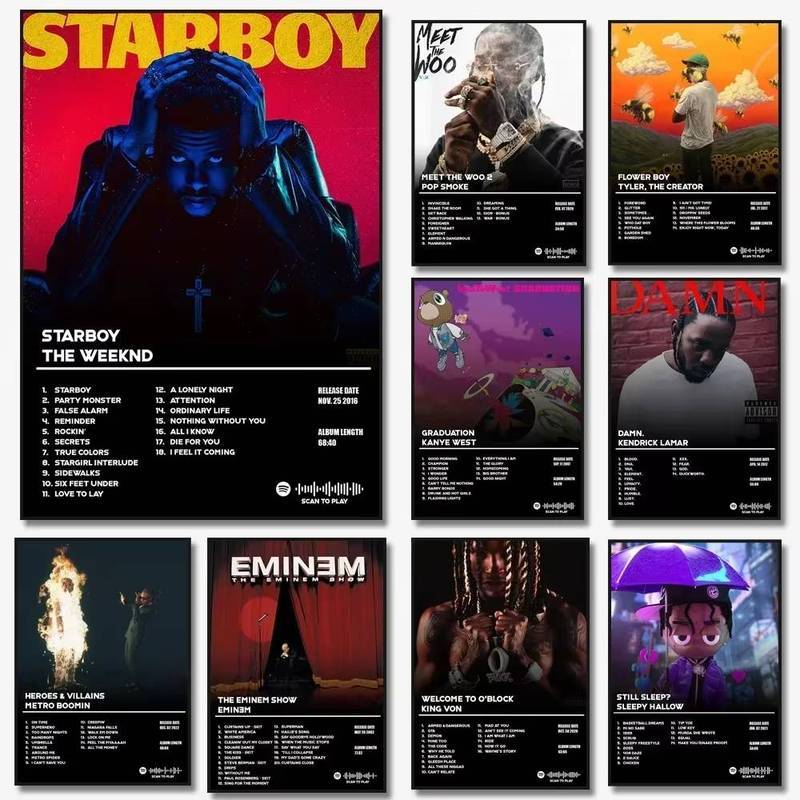 เพลงอัลบั้มร้อน Star Eminem Drake Weeknd Starboy โปสเตอร์ Hip Hop ภาพวาดผ้าใบ Art สําหรับห้องนั่งเล่