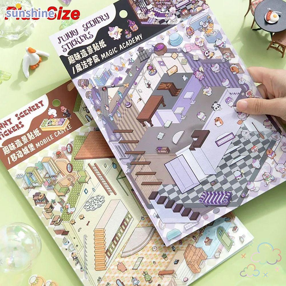 SSUNSHINE Cabin Scene Pocket Sticker, Visual Stacking Plus Size Landscape Sticker, DIY Cartoon Stick