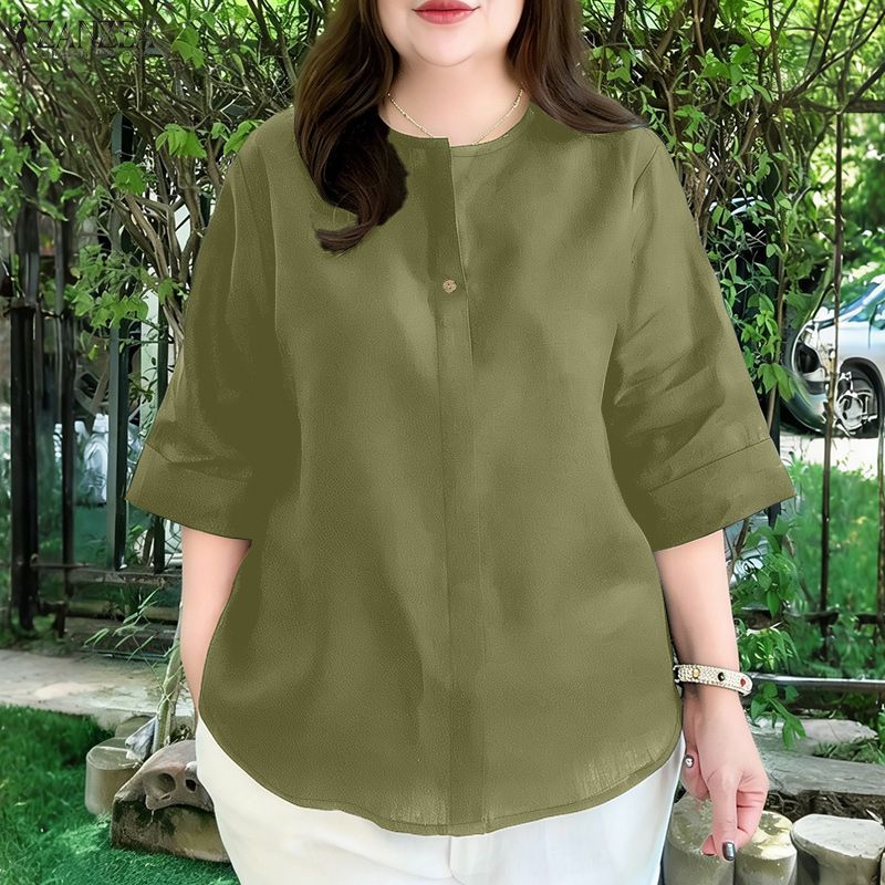 ZANZEA เสื้อเชิ๊ตเกาหลีสำหรับผู้หญิง ออกแบบ Raglan แขนหลวม สไตล์สมาร์ทสำหรับฤดูร้อน — صورة 5
