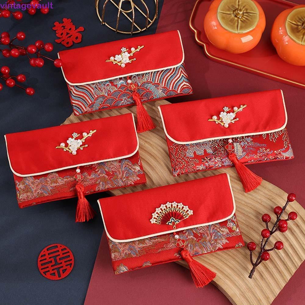 VINTAGEVAULT Brocade ซองจดหมายสีแดง,คําอวยพรปีใหม่ผ้าโบรเคดพู่ 2025 กระเป๋าเงิน, ความปรารถนาที่ดีที่สุด HongBao เทศกาลฤดูใบไม้ผลิปีใหม่กระเป๋าเงินของขวัญปาร์ตี้