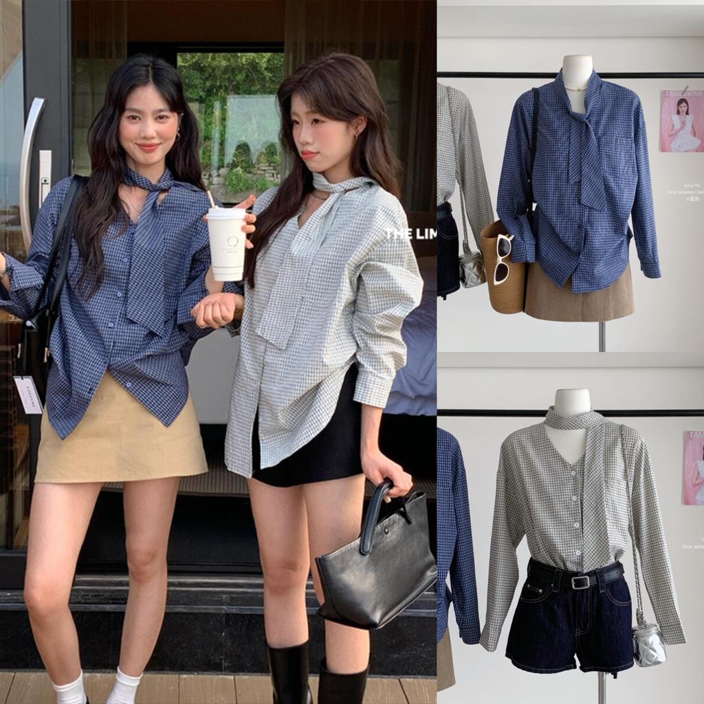 Chili Koko เสื้อเชิ้ตลายสก๊อตคอวีและเนคไทโบว์และริบบิ้นผู้หญิงสไตล์ชาแนล ทั้งลำลองและทำงาน เสื้อแขนยาว 99302
