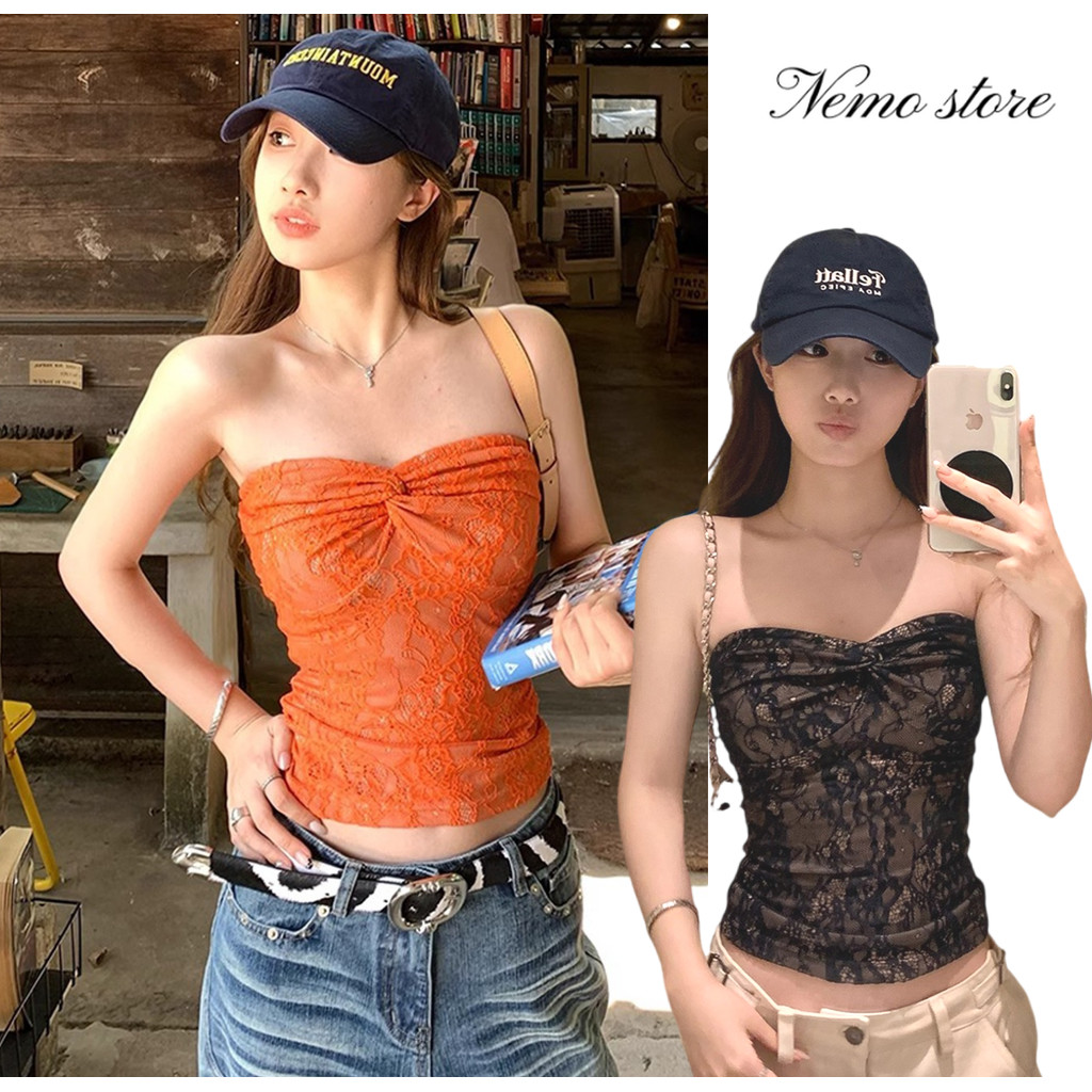 Nemo store🌸#FY5591 เสื้อเกาะอกลายลูหไม้ เสริมฟองน้ำ สีสดใสยืดตามตัว