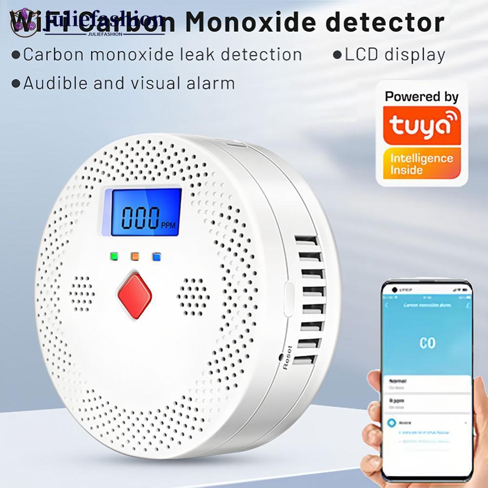 JULIEFASHION Tuya WiFi สมาร์ทเครื่องตรวจจับคาร์บอนมอนอกไซด์ CO Monitor 85dB เสียงเตือน LCD Digital D
