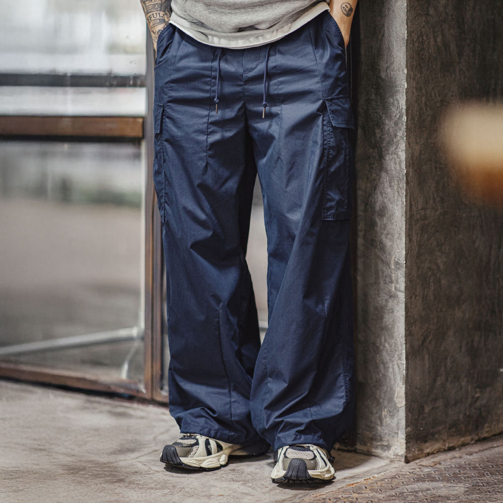 Modern Workwear American m65 Large Pocket Casual Pants Japanese cityboy Blueทอ Drawstring Long Pants