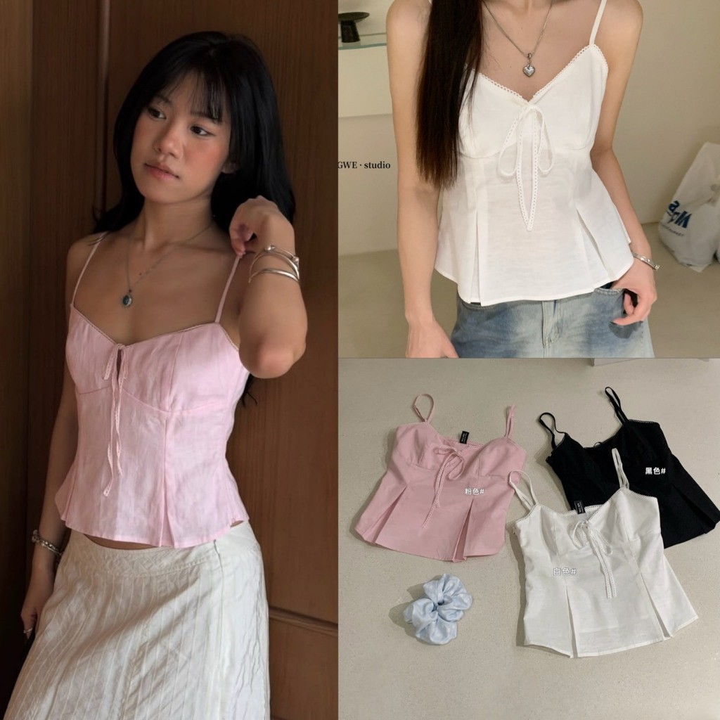 ❤ ❤ 🧵 🇰🇷 W9296 เสื้อสายเดี่ยว แต่งขอบ มีแต่งโบว์ช่วงอก สายปรับได้ ชายแต่งจีบ ทรงสวย แฟชั่นเกาหลี TAG WG.WE 🧡